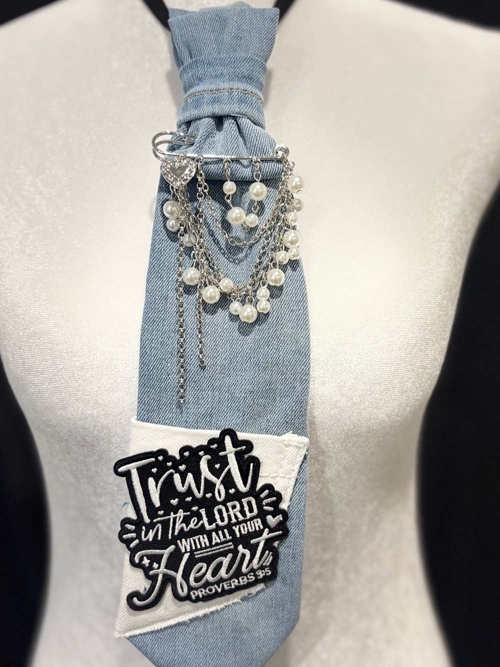 Denim Tie with Pearl Chain Accent
